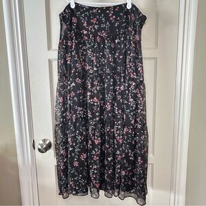 Lauren Ralph Lauren Tiered Floral Maxi Skirt, Black with Pink Flowers - Size 14